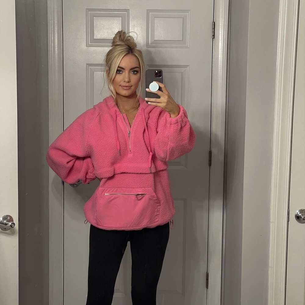 Oversized Pink Teddy‎ Pullover Zip Up Jacket
